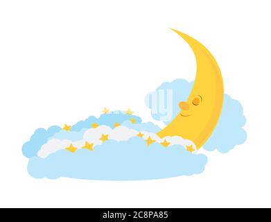 Lune en sommeil avec nuages et étoiles. Isolé sur fond blanc. Banque D'Images