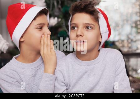 Petits garçons portant des chapeaux de Père Noël, chuchotant sous l'arbre de Noël à la maison. Deux frères fêtant Noël Banque D'Images