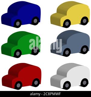 Jeu de voitures jouets colorées avec l'effet de modèles en bois 3d. Silhouettes de jouets simples et colorées. Collection de voitures jouets. Banque D'Images