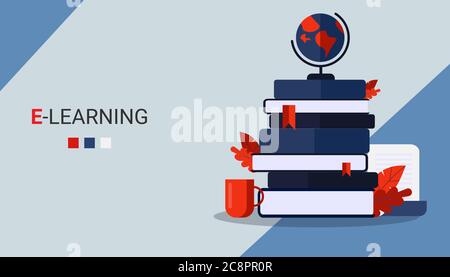 Illustration de l'apprentissage en ligne avec pile de livres sur le bureau de l'étudiant, fond bleu Illustration de Vecteur