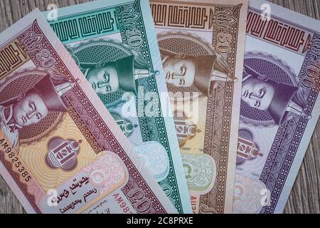 Monnaie mongole, monnaie Tugrik, billets divers Banque D'Images