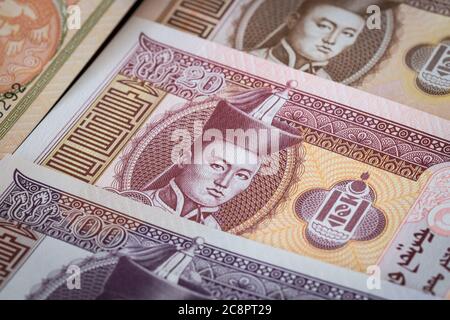Monnaie mongole, monnaie Tugrik, billets divers Banque D'Images