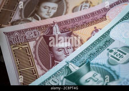 Monnaie mongole, monnaie Tugrik, billets divers Banque D'Images