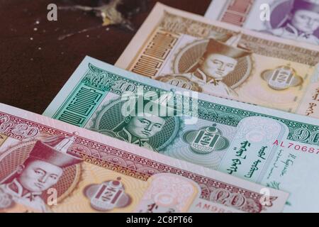 Monnaie mongole, monnaie Tugrik, billets divers Banque D'Images