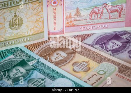 Monnaie mongole, monnaie Tugrik, billets divers Banque D'Images