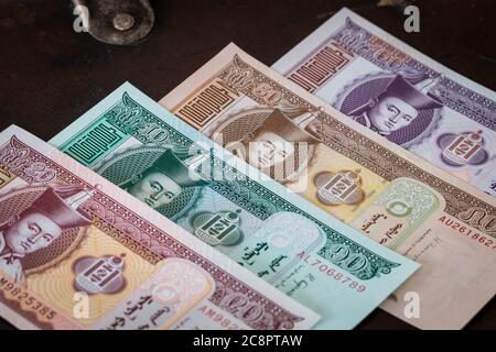 Monnaie mongole, monnaie Tugrik, billets divers Banque D'Images