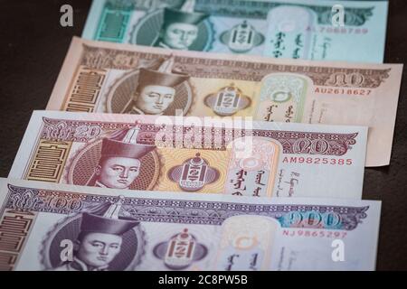Monnaie mongole, monnaie Tugrik, billets divers Banque D'Images