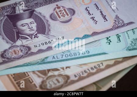 Monnaie mongole, monnaie Tugrik, billets divers Banque D'Images