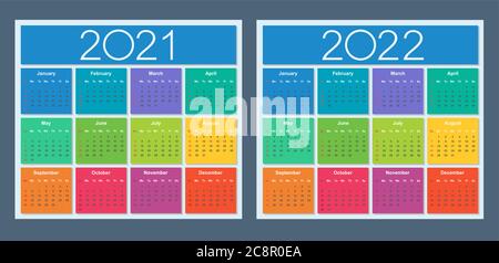 Calendrier coloré pour 2021 et 2022 ans. La semaine commence le dimanche. Illustration vectorielle isolée. Illustration de Vecteur