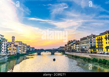 Dessin aquarelle du pont en pierre de la Sainte-Trinité et bateau sur l'eau de la rivière Arno et promenade avec des bâtiments au centre de la ville de Florence, bleu clair orange ciel nuages soir, Toscane, Italie Banque D'Images