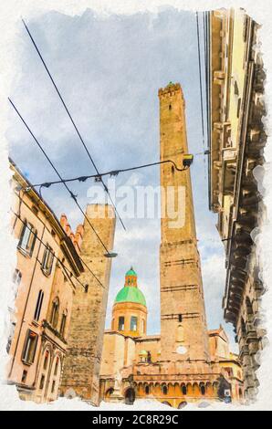 Dessin aquarelle de deux tours médiévales de Bologne le due Torri : Asinelli et Garisenda et église Chiesa di San Bartolomeo Gaetano sur la place Piazza di Porta Ravegnana, Émilie-Romagne, Italie Banque D'Images