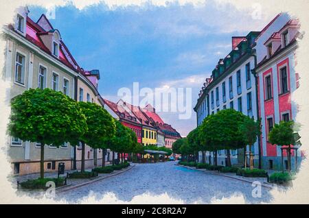 Dessin aquarelle de la rue Cobblestone avec des bâtiments multicolores colorés et des arbres verts dans le centre historique de la vieille ville, vue en soirée, Ostrow Tumski, Wroclaw, Pologne Banque D'Images