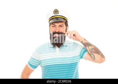 Grand capitaine avec grande moustache. Joyeux couturier et moustache en spirale. Homme barbu sourit en moustache. Barbershop. Voyage et découverte. Vacances d'été. Mon bateau ma moustache. Banque D'Images