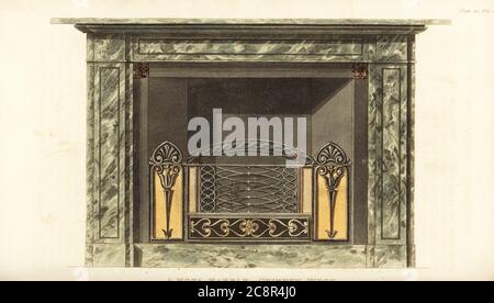 Pièce de cheminée en marbre Mona conçue par George Bullock, 1777-1818, sculpteur en marbre et concepteur de meubles de Tenterden Street, Hanover Square, Londres. Le marbre de Mona était un marbre de sagegreen originaire du pays de Galles. Gravure en coperplate de couleur main du référentiel des arts, de la littérature, des modes, des manufactures, etc. De Rudolph Ackermann, Strand, Londres, 1816. Banque D'Images