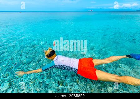 Femme plongée en combinaison et nageoires dans les eaux turquoise claires de la plage du Ghiaie, île d'Elbe, Italie. Réserve marine zone biologique protégée de Banque D'Images