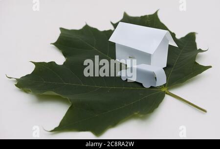 Une petite maison en papier et une voiture, toutes deux placées sur une feuille d'érable verte. Banque D'Images