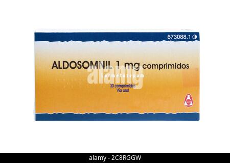 Huelva, Espagne - 23 juillet 2020: Lormetazepam marque Aldosomnil du laboratoire Aldo. Lormetazepam est considéré comme une benzodiazépine hypnotique et est officia Banque D'Images