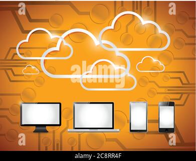 Illustration électronique et informatique en nuage sur fond orange Illustration de Vecteur