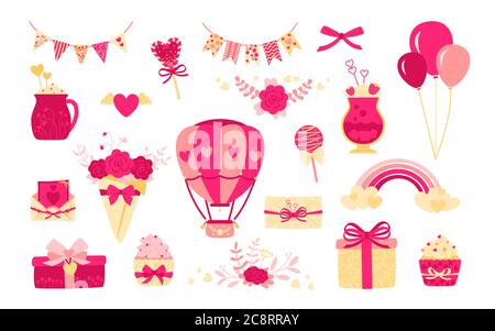 Ensemble Saint-Valentin ou mariage. Motif dessin animé plat. Lettre, bouquet cadeau et boîtes mignons. Rainbow Drink, bonbons boules décorations pour les vacances. Collection d'objets roses. Illustration vectorielle isolée Illustration de Vecteur