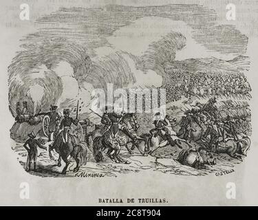 Guerra del Rosellón, también llamada Guerra de los Pirineos o Guerra de la Convención, (1793-1795). CONFLICTO entre la España de Carlos IV y la Primera República Francesa. Batalla de Truillás, el 22 de septiembre de 1793, con victoria española. Dibujo por Miranda. Grabado por Castello. 'Historia del Levantamiento, Guerra y Revolución de España', por el conde de Toreno. Madrid, 1851. Banque D'Images