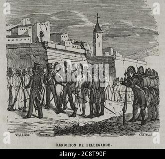 Guerra del Rosellón, también llamada Guerra de los Pirineos o Guerra de la Convención, (1793-1795). CONFLICTO entre la España de Carlos IV y la Primera República Francesa. Rendición de Bellegarde el 17 de septiembre de 1794. Grabado. 'Historia del Levantamiento, Guerra y Revolución de España', por el conde de Toreno. Madrid, 1851. Banque D'Images