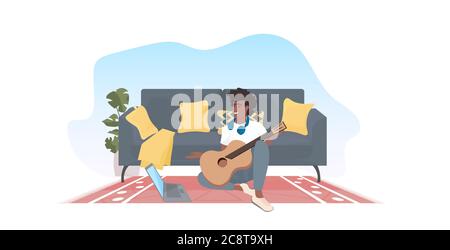 african american homme apprenant à jouer de la guitare en utilisant ordinateur portable en ligne concept de cours salon intérieur horizontal pleine longueur illustration vectorielle Illustration de Vecteur