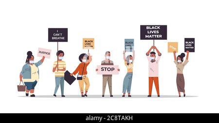 mélangez les manifestants de course avec des banderoles noires de la vie qui protesté contre la discrimination raciale problèmes sociaux du racisme illustration vectorielle horizontale pleine longueur Illustration de Vecteur