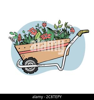 Illustration d'une brouette de jardin avec plantes et fleurs. Floristics, jardinage. Illustration de Vecteur