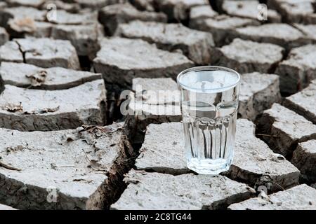 Un verre transparent d'eau potable se trouve au milieu de terres désertiques sèches et fissurées. Concept de réchauffement climatique. Sécheresse et crise de l'eau Banque D'Images