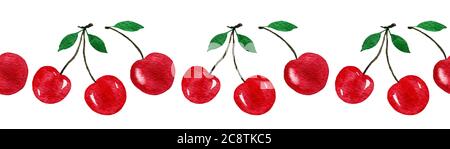 bordure sans couture avec cerises rouges, illustration des aliments aquarelles avec fruits de cerise isolés sur des cerises blanches peintes à la main Banque D'Images