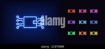 Icône de portefeuille numérique néon. Enseigne portefeuille électronique au néon, banque en ligne aux couleurs vives. Argent numérique, portefeuille en ligne, crypto-monnaie. Jeu d'icônes Illustration de Vecteur