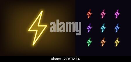 Icône de flash néon. Panneau lumineux au néon, décharge électrique aux couleurs vives. Éclair brillant, orage électrique, haute tension. ICO Illustration de Vecteur
