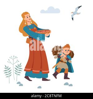 Famille Viking médiévale. Mère et fils sont engagés dans l'agriculture. Mère rassemblait des baies et son fils porte du bois de chauffage. Illustration vectorielle isolée Illustration de Vecteur
