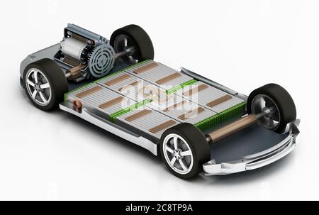 Châssis de voiture électrique fictif avec moteur électrique et batteries. Illustration 3D. Banque D'Images