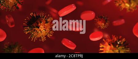 Le rendu 3D de l'hémoglobine dans le sang lutte contre le virus corona pour la survie. Illustration 3d de haute qualité Banque D'Images