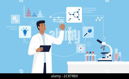 Recherche scientifique et technologie : scientifique travaillant en laboratoire et en interaction avec une interface utilisateur virtuelle, équipement scientifique dans le passé Illustration de Vecteur