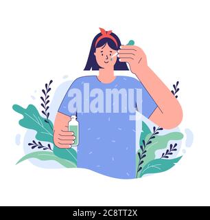 Concept de soins de la peau. Une jeune femme applique du sérum sur son visage avec une pipette. Produit de beauté naturel. Soin du visage. Illustration vectorielle. Illustration de Vecteur