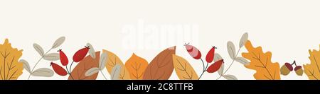 Arrière-plan vectoriel dessiné à la main en automne. Illustration décorative d'automne avec feuilles, glands et baies. Feuillage orange et brun Illustration de Vecteur