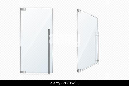 Portes vitrées avec poignées métalliques. Entrée de bureau fermée et ouverte, façade de boutique, porte de magasin ou de magasin isolée sur fond transparent. Élément de design intérieur moderne, entrée 3D vectorielle réaliste Illustration de Vecteur