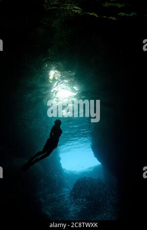 Superbe photo verticale d'une silhouette de plongeur nageant à travers le bleu eau Banque D'Images