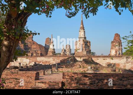 Ruines de bâtiments et de chedis (stupas) à Wat Mahathe (Wat Maha That) dans le parc historique d'Ayutthaya dans l'ancienne capitale d'Ayutthaya, Thaïlande Banque D'Images