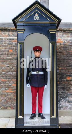 Tower Guard, soldat guardsman, garde-pied de la division du ménage debout dans sa hutte à la Tour de Londres, Angleterre, Royaume-Uni Banque D'Images