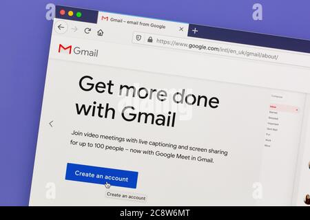 Ostersund, Suède - 27 juillet 2020 : site web de Gmail sur écran d'ordinateur. Gmail est un service de messagerie gratuit développé par Google. Banque D'Images
