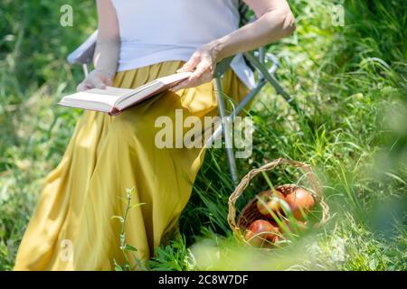 Femme âgée lisant dans la chaise longue Banque D'Images