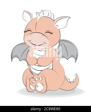 Adorable bébé dragon fille, photo à la main dessin style dessin, pour t-shirt vêtements mode imprimé, carte de voeux, carte postale. Douche de bébé. Fête invit Illustration de Vecteur