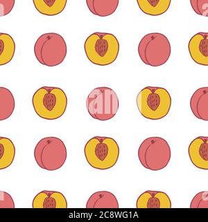 Motif pêche aux fruits sans coutures, superbe design pour toutes les utilisations. Motif de texture de tissu dessiné à la main. Un milieu alimentaire sain. Motif d'été à motif vectoriel plat. Sur fond blanc. Illustration de Vecteur