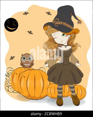 Jolie fille Halloween dans un chapeau de sorcière avec araignées sur fond de citrouille. Dessin à la main style de dessin animé, pour t-shirt port mode imprimé, gre Illustration de Vecteur