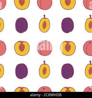 Motif prune de fruit et pêche sans coutures, un design parfait pour toutes les utilisations. Motif de texture de tissu dessiné à la main. Un milieu alimentaire sain. Motif d'été à motif vectoriel plat. Sur fond blanc. Illustration de Vecteur