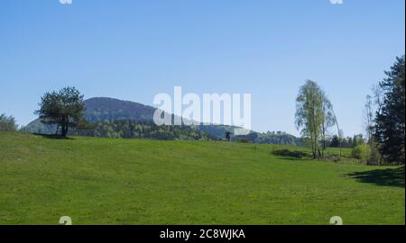 paysage de printemps idyllique dans les montagnes lusitiennes, avec prairie verte luxuriante, forêt de feuillus et d'épinettes, collines et siège haut, ciel bleu Banque D'Images