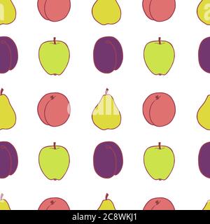 Prune de fruit, poire, pêche et pomme sans coutures, un design parfait pour toutes les utilisations. Motif de texture de tissu dessiné à la main. Un milieu alimentaire sain. Motif d'été à motif vectoriel plat. Sur fond blanc. Illustration de Vecteur